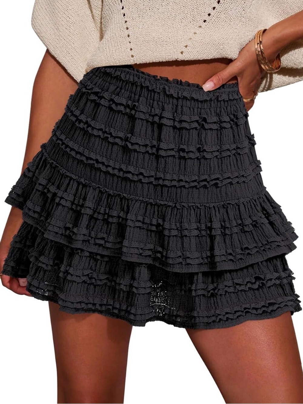 Black Tiered Ruffle Skort with Built-in Shorts High Waist Size L